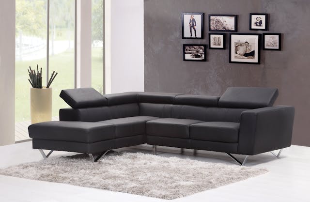 A modern living room features a dark gray sectional sofa with sleek metal legs on a light gray rug, against a textured gray wall adorned with black-framed photos. A plant in a vase is by the window.