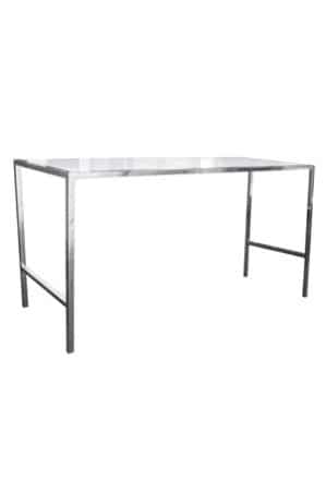 a barcelona long bar table with a metal frame and a glass top