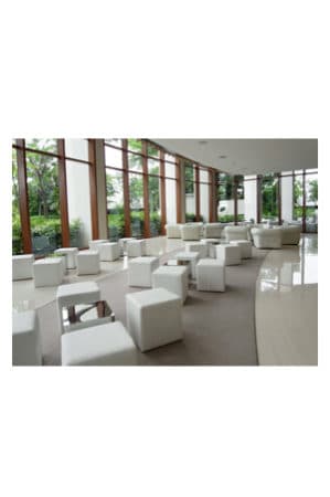 A large lobby with white Matty Mirrored Cube furniture and large windows.