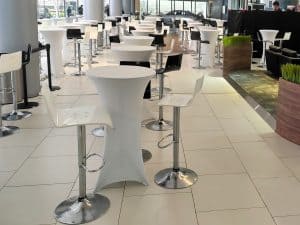 LUKE BARSTOOL WHITE & MIURA BAR TABLE WITH WHITE SPANDEX