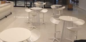 BS2 - BW Spoon Stool White & BIRDCAGE BAR TABLE & ROUND TOP WHITE