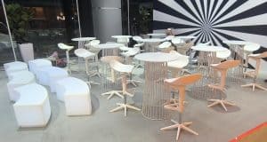 BS2 - BW Spoon Stool White & BIRDCAGE BAR TABLE & ROUND TOP WHITE