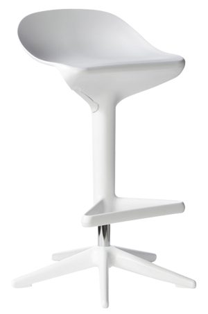 a white replica spoon stool with a metal base