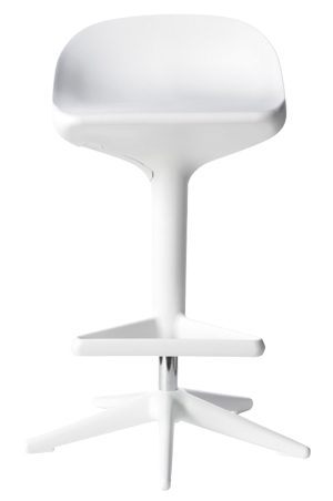 a white plastic replica spoon stool with a metal base