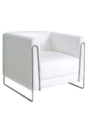 a white leather paperclip sofa single seater with a metal frame