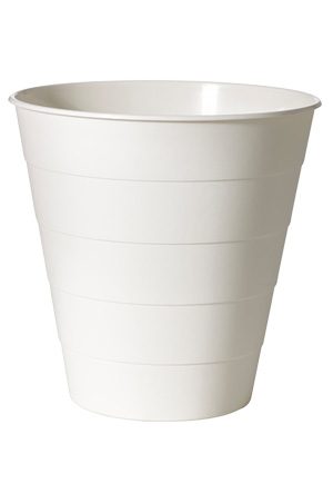 a white plastic wastepaper basket on a white background