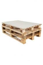 A Pallet Coffee Table with a white top on it.