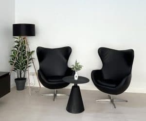 CH10 - B EGG CHAIR BLACK LL4 - B FLINT FLOOR LAMP BLACK CT22 - B LAMBERT OUTDOOR SIDE COFFEE TABLE