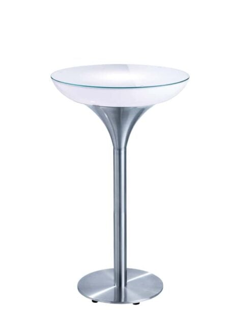 An Illuminated Peak Table with a metal base and a glass top.