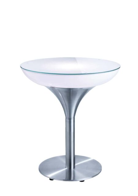 An Illuminated Peak Table with a metal base and a glass top.