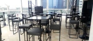 TULIP BAR TABLE - BLACK WITH SQUARISH BLACK TOP CUBO BARSTOOL - BLACK WITH BLACK SEAT CUSHION