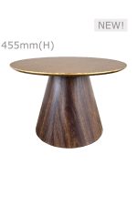 Introducing the Conic Coffee Table™ - Round Top - Gold: This elegant round table features a wooden base and a circular flat top, standing at 455mm in height. Look for the "NEW!" label in the top right corner.