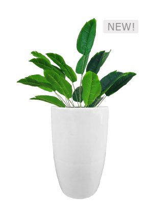 a tall black plant pot made of fibre holds a vibrant green artificial traveller's palm with elongated leaves labeled new in the top right corner