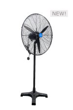 The Industrial Standing Fan - Black features a circular protective grill and three blades. It includes a small control panel on the stand and sports a "NEW!" label in the top right corner.