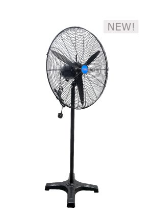 the industrial standing fan black features a circular protective grill and three blades it includes a small control panel on the stand and sports a new label in the top right corner