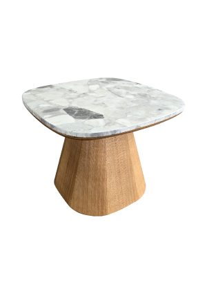 the oakstone coffee table™ features a square marble top with rounded edges and a wooden tapered base