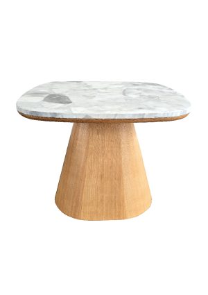 the oakstone coffee table™ features a rectangular design with a wooden conical base and a white marble top