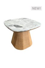 A square marble Oakstone Coffee Table™ with a wooden base and a "NEW!" label in the upper right corner.