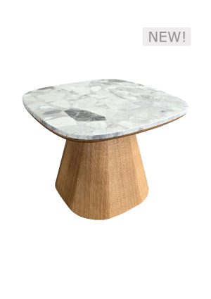 a square marble oakstone coffee table™ with a wooden base and a new label in the upper right corner