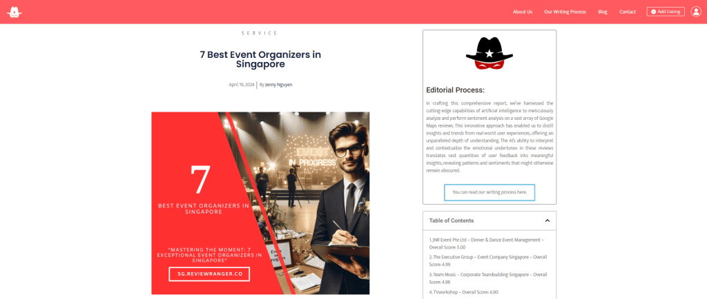 Webpage listing top event organizers in Singapore, featuring an image of a smiling person in a suit holding a clipboard. The page includes editorial process details and a table of contents.