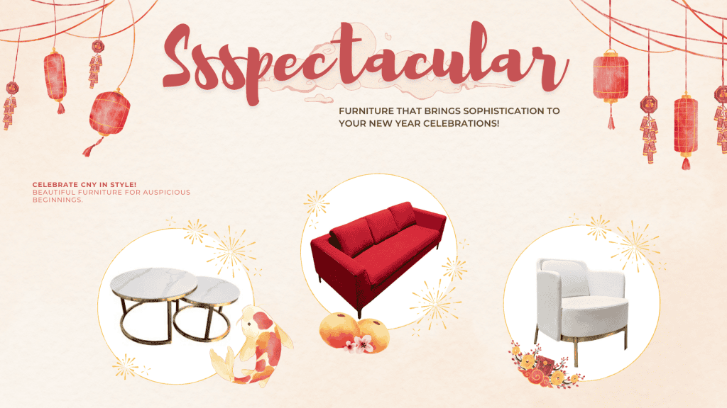 New Year-themed furniture ad with a red sofa, white chair, and marble tables. Decor includes lanterns, fireworks, and goldfish illustrations. Text promotes sophistication for celebrations.