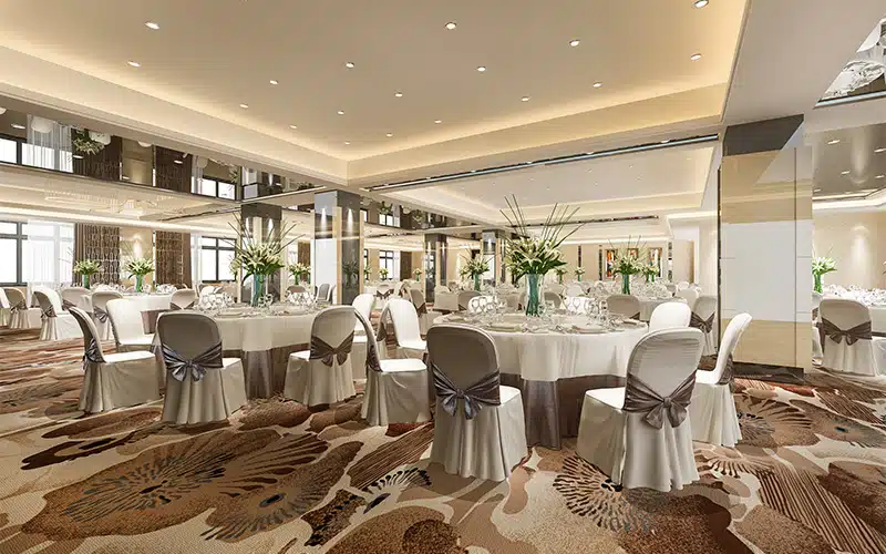 Banquet furniture layout for formal business networking dinner events.