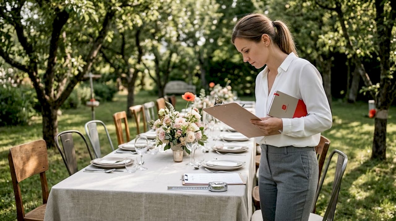 Event planner checks wedding furniture layout