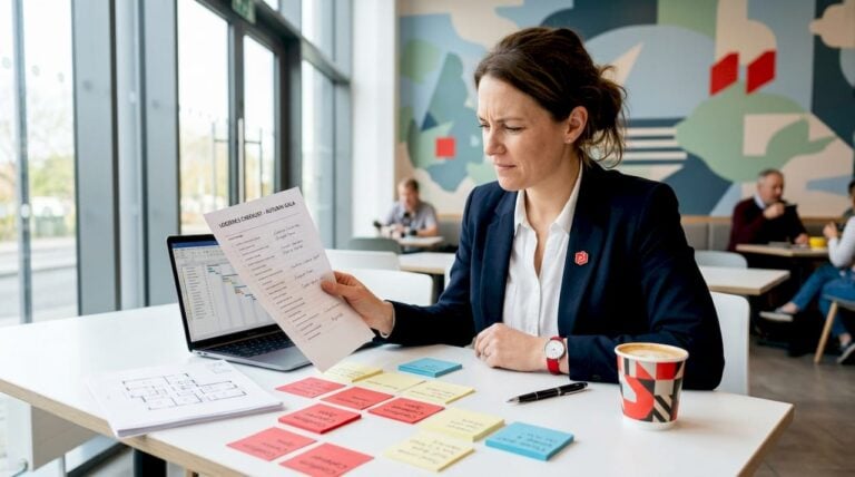 Event manager reviewing logistics in conference hall