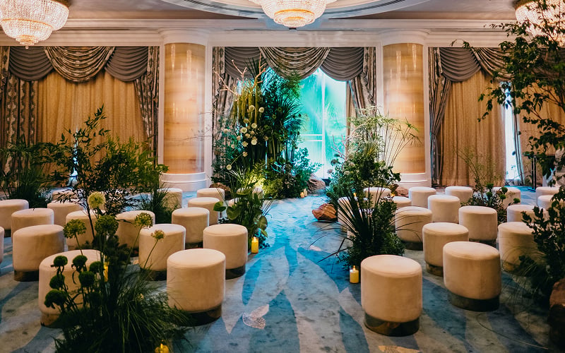 Curated furniture setup for a luxury hotel ballroom event.