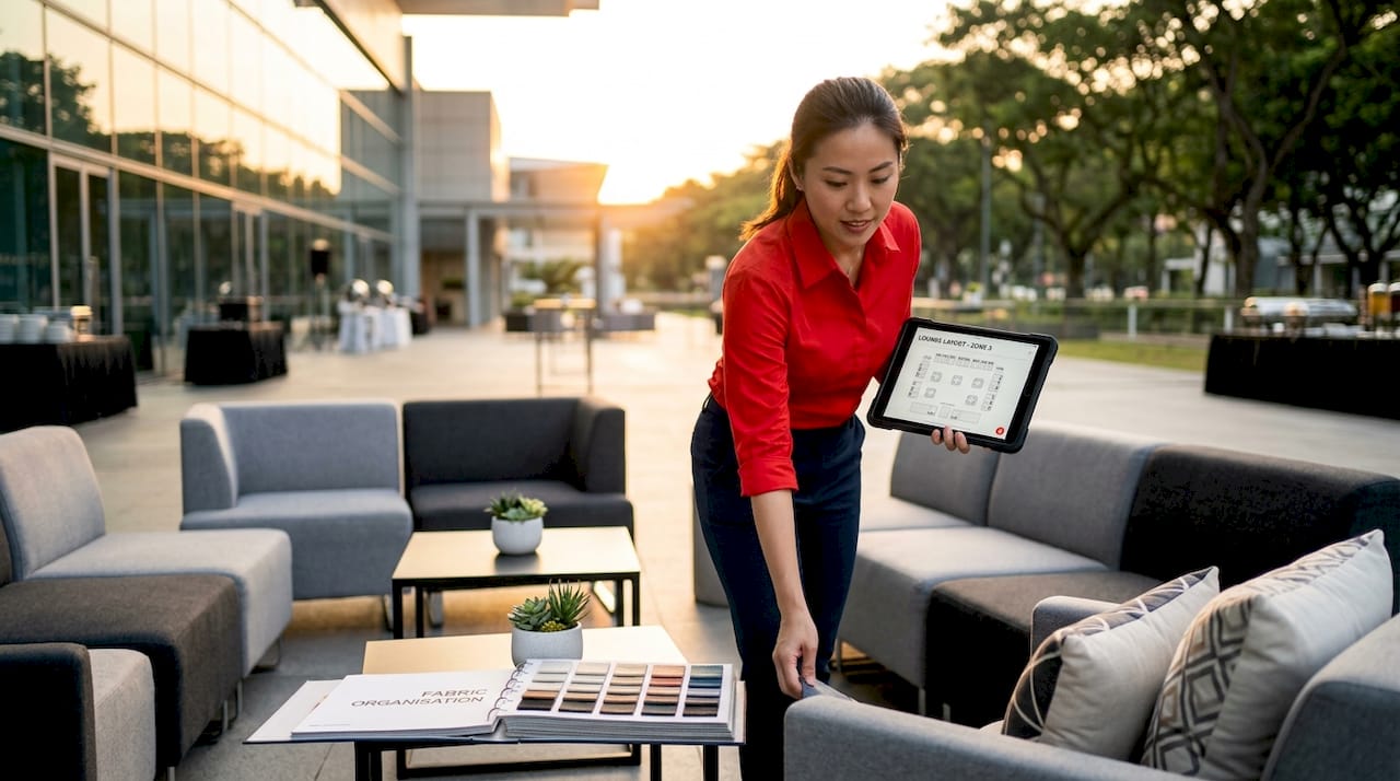 Event planner setting up lounge furniture in Singapore