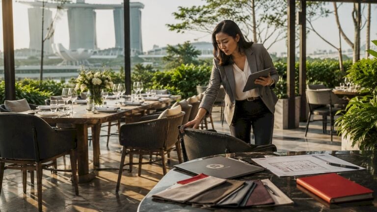 Event planner arranging private dining furniture