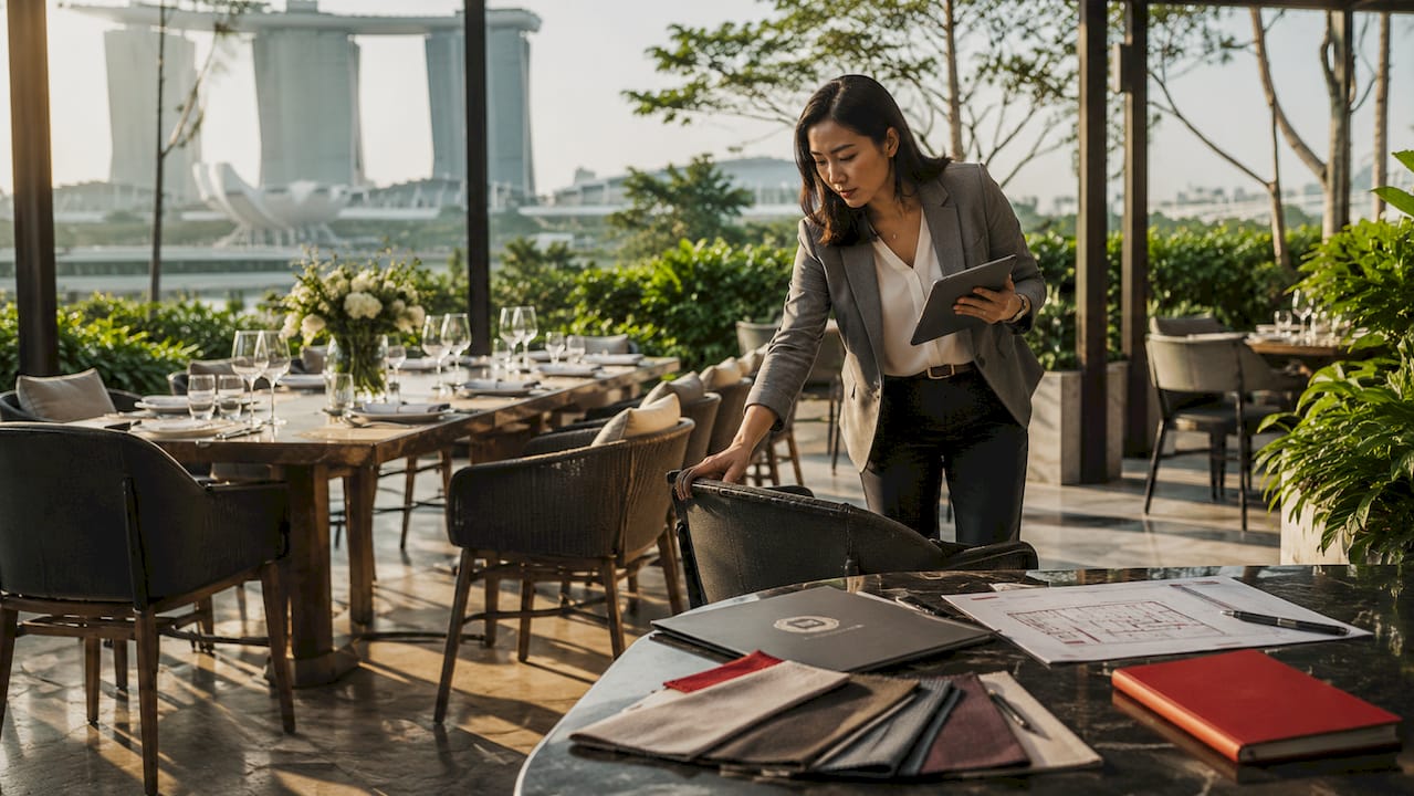 Event planner arranging private dining furniture