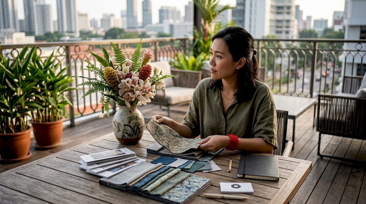 Event planner reviewing luxury furniture samples