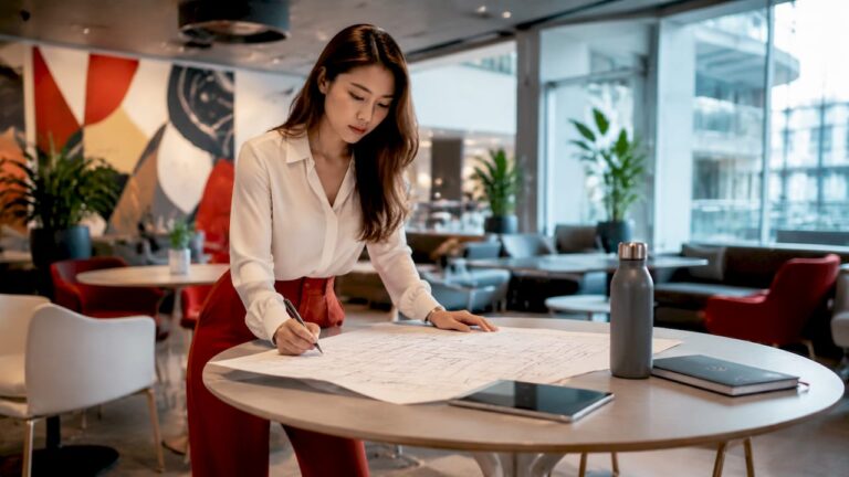 Event planner reviewing office setup plans