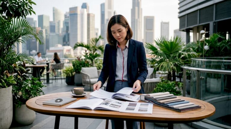 Procurement manager reviewing furniture rental proposals